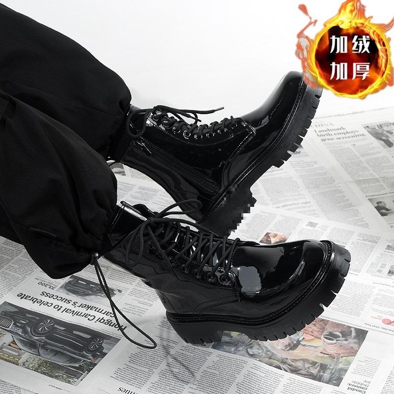 Martin Boots Men's Black High-top Leather Shoes 2 New Medium-top Locomotive Boots Boys Heightening Leather Boots