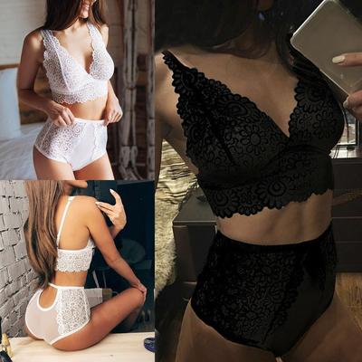 See-through Mesh Lingerie Sexy Lace Erotic Lingerie Set Female Solid Colour Floral Lingerie
