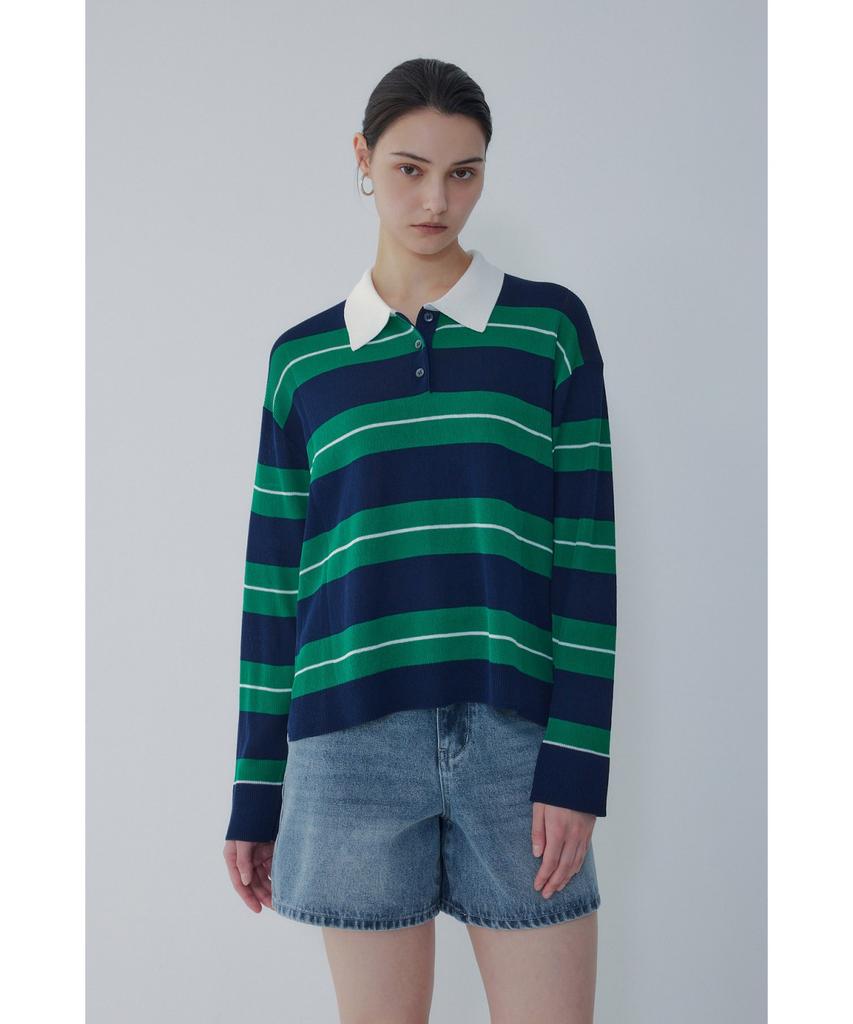 Bobeu Stripe Pattern Collared Pullover_Green 7156250001