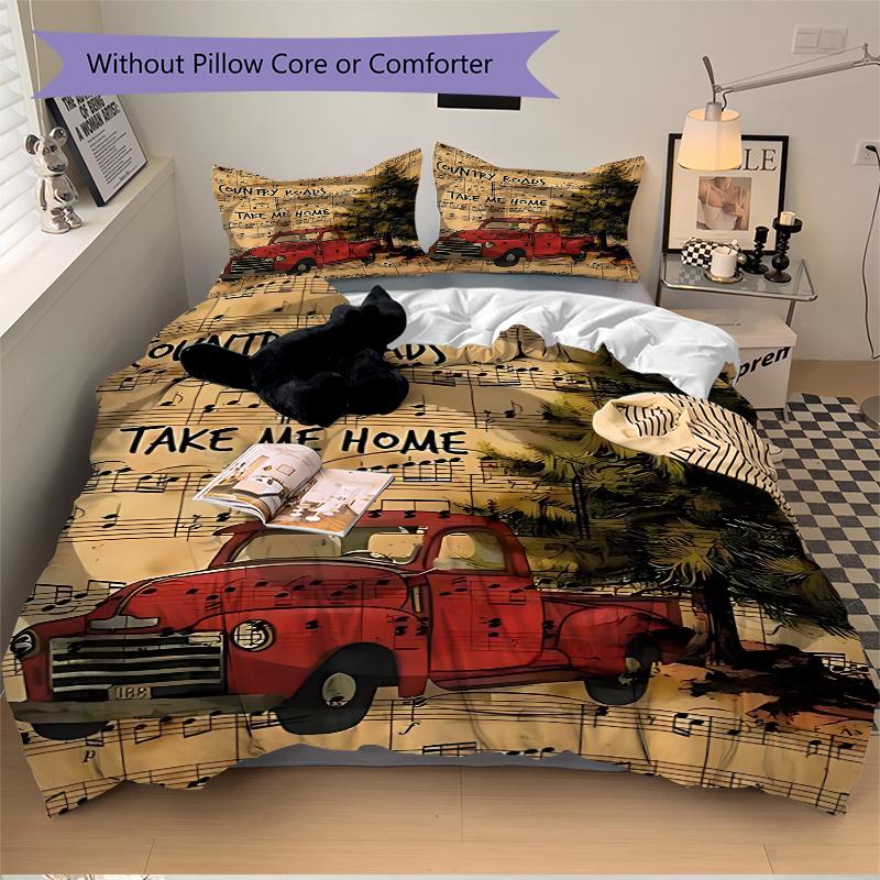 

3pcs Country Roads Take Me Home Music Notes Red Pickup Truck Bedding Set - Includes One Quilt Cover and Two Pillowcases (No Core), Bedroom Decor, Fest 135x200cm