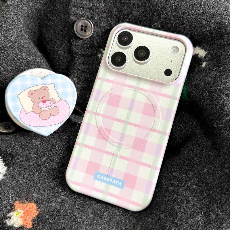 Plaid Heart Bear Apple 17 Pro Max Magnetic Phone Case for Besties