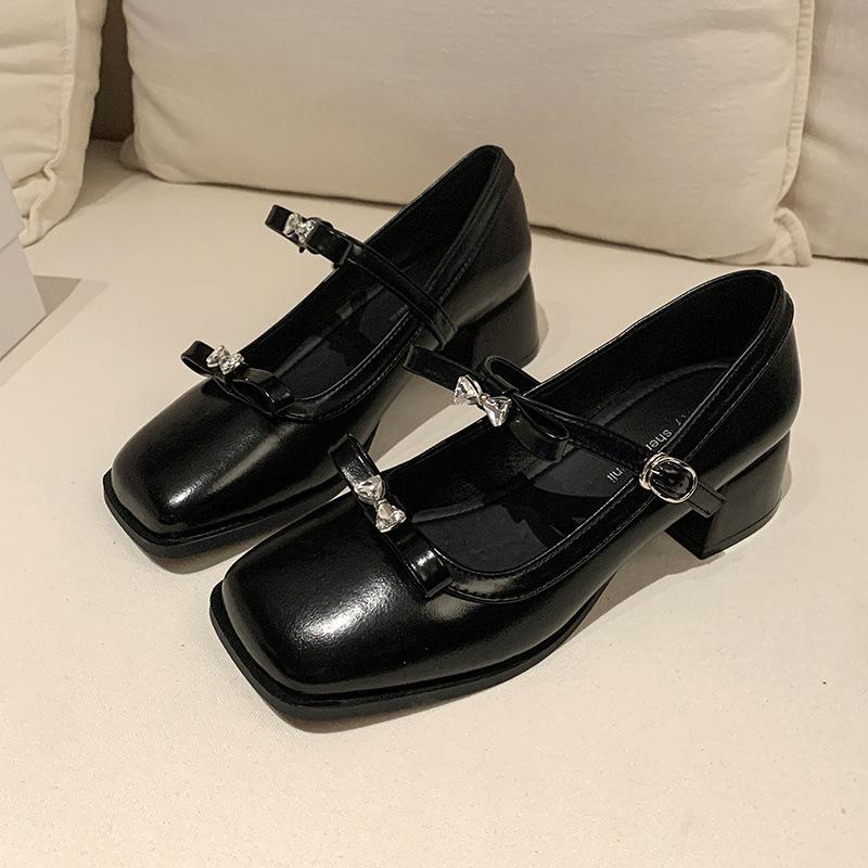 

French satin high-heeled single shoes women s spring and autumn fashion bow French temperament fairy with skirt thick heel Mary Jane shoes 34 чёрный