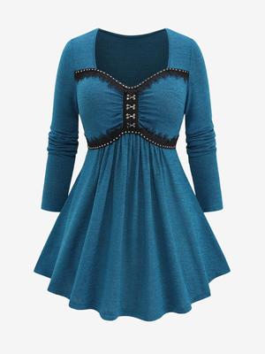 Rosegal Plus Size Gespen Klinknagel Kant Bies Ruches Gerimpeld Gemêleerd Top met Lange Mouwen