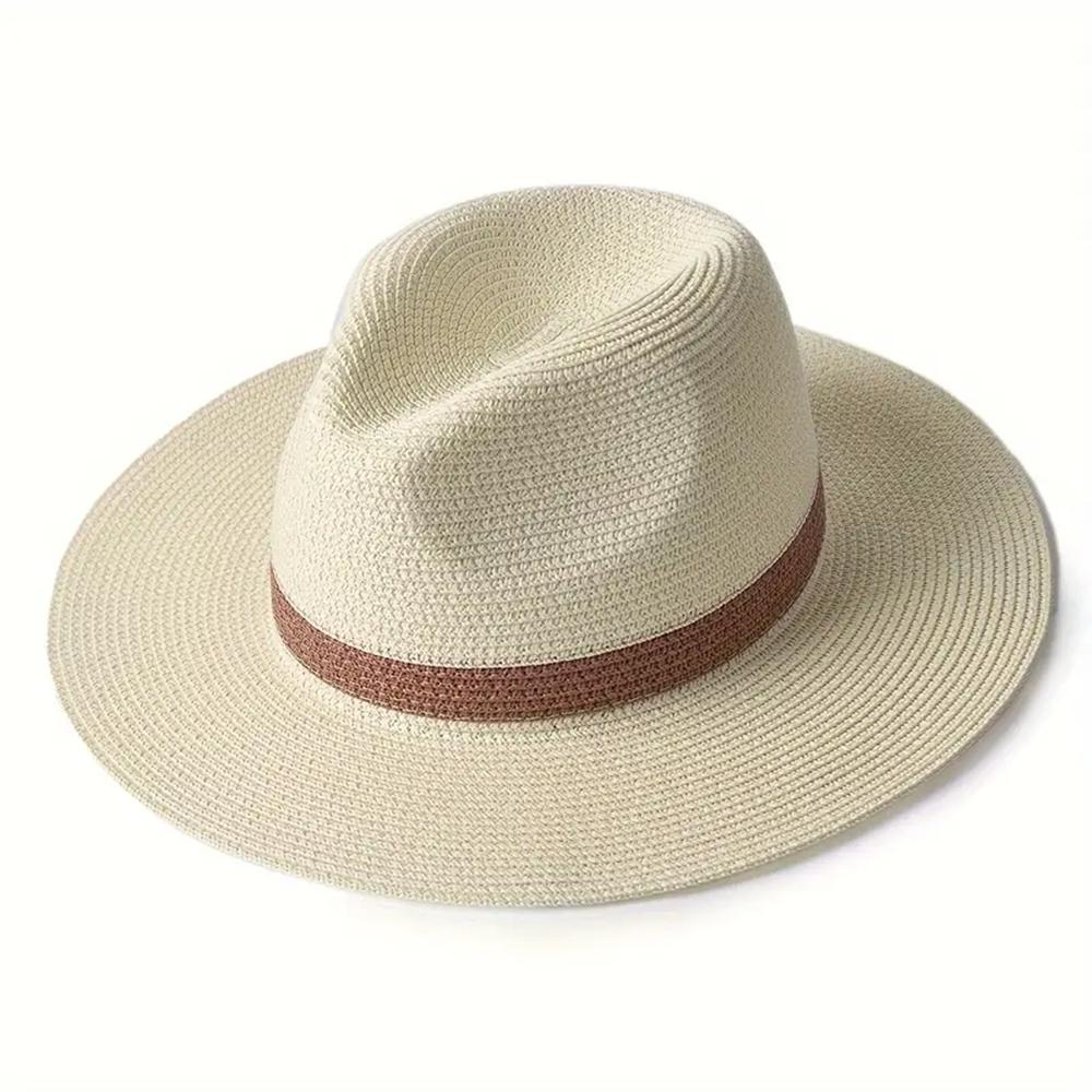 Stylish Wide Brim Panama Hat - UV Protection Unisex Beach Hat with Color Block Design, Breathable & Foldable for Summer Travel