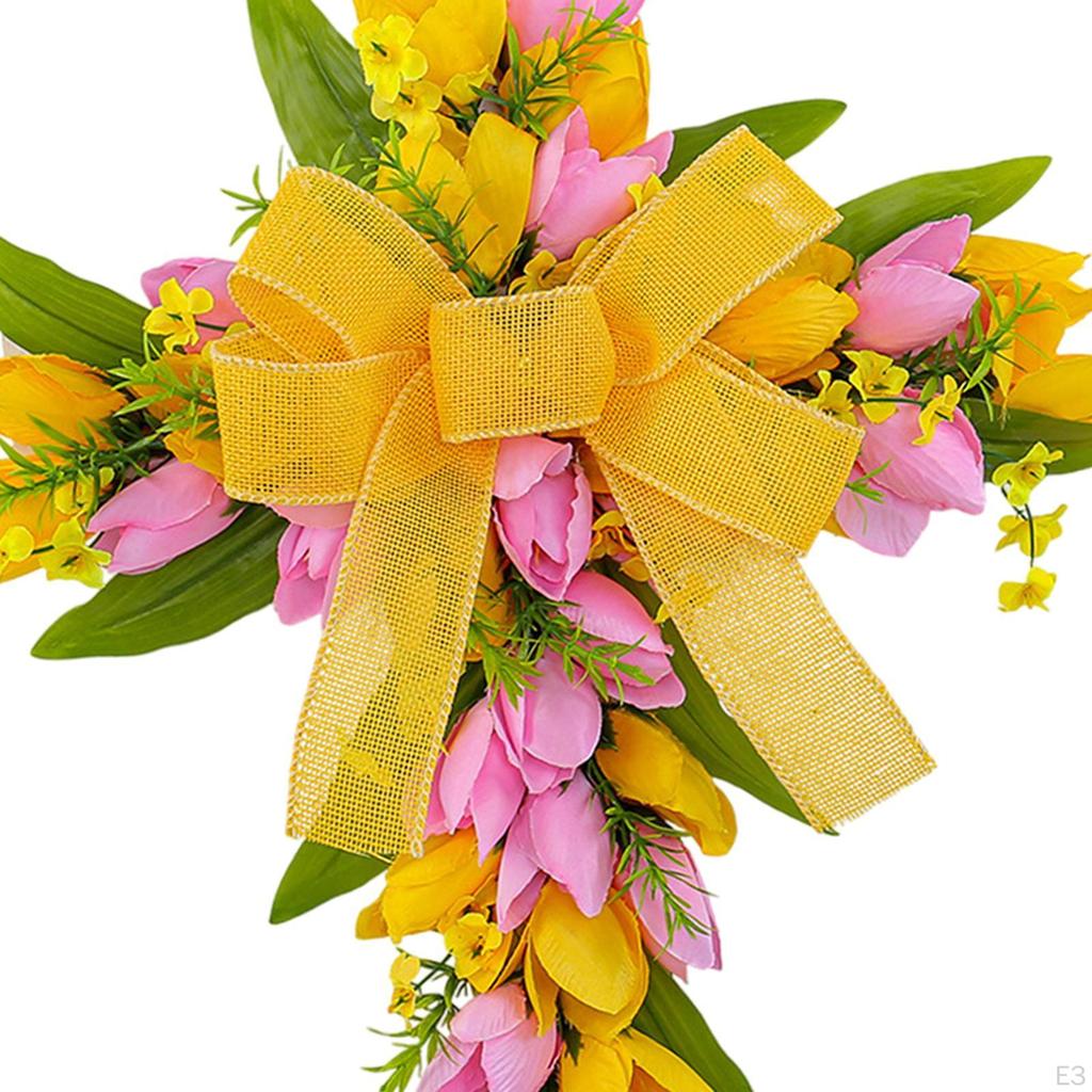 Easter Cross Wreath Artificial Flower Gift Garland Hanger Spring Tulip Door for