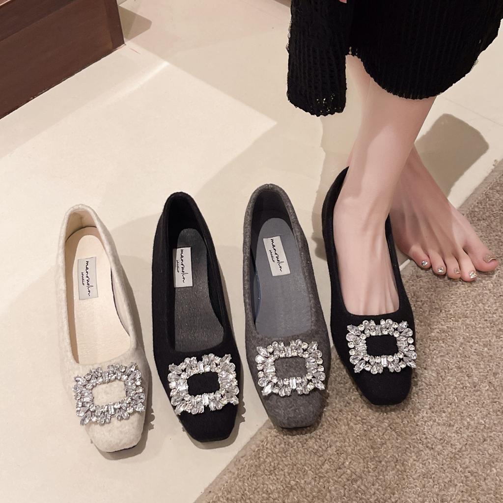 Rhinestone Square Buckle Single Shoes Women's Spring and Autumn French Small Heel Low Heel Medium Heel Grandma Ladyshoes Temperament Black Commuter W
