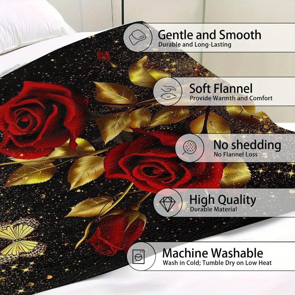 1pc Black Red Rose Blanket Skin-Friendly Soft Blanket Flannel Blanket 2025 New for Birthday Gift Home Sofa Chair Decoration