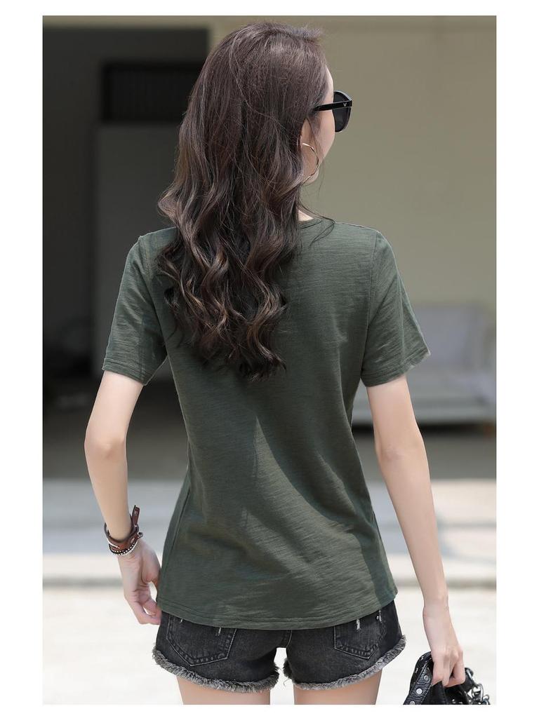Women's 2024 Summer Plus-Size Retro V-Neck Short-Sleeve T-Shirt - Solid Color, Simple, Versatile, and Trendy.