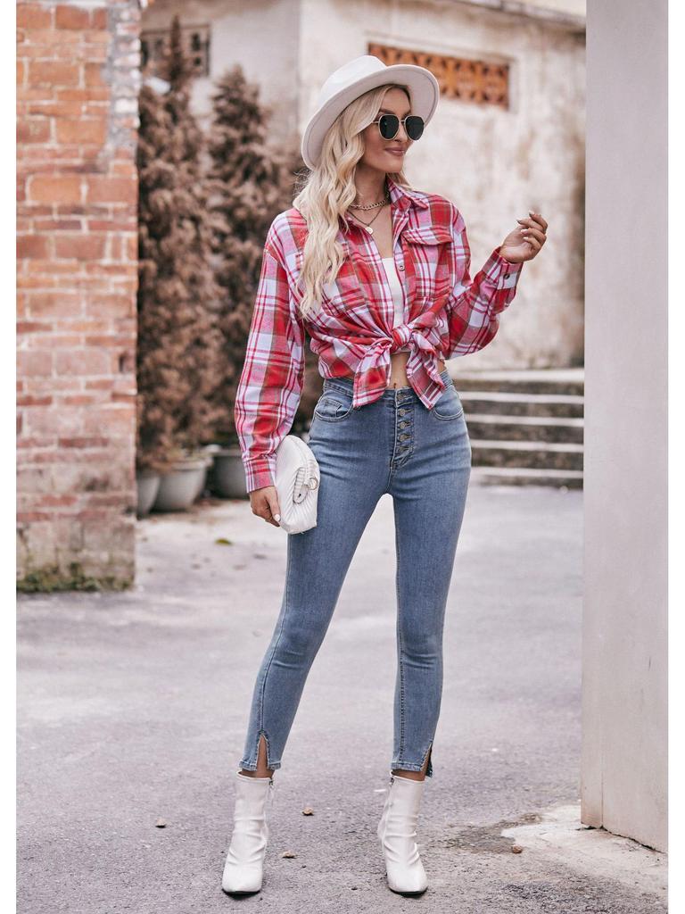 Women's 2024 Oversize Loose Plaid Shirt - European & American Casual Autumn/Winter Fashion