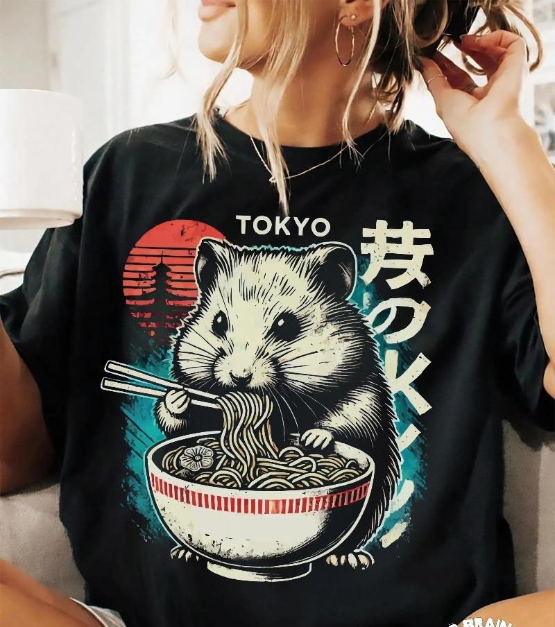 

Hamster Ramen T-Shirt, Japanese Noodle Bowl Tee Summer Men s and Women s Loose and Breathable T-shirt Top S разноцветный