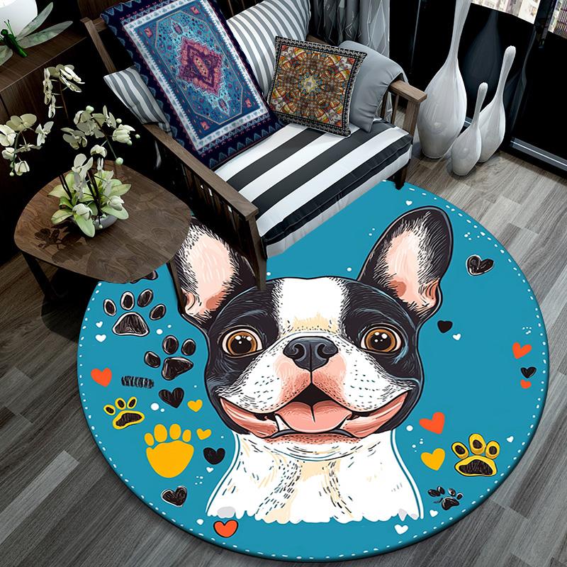 Okrągły dywanik z buldogiem francuskim, Dywanik do salonu, sypialni, przy sofie, pokoju zabaw, Mata podłogowa antypoślizgowa
