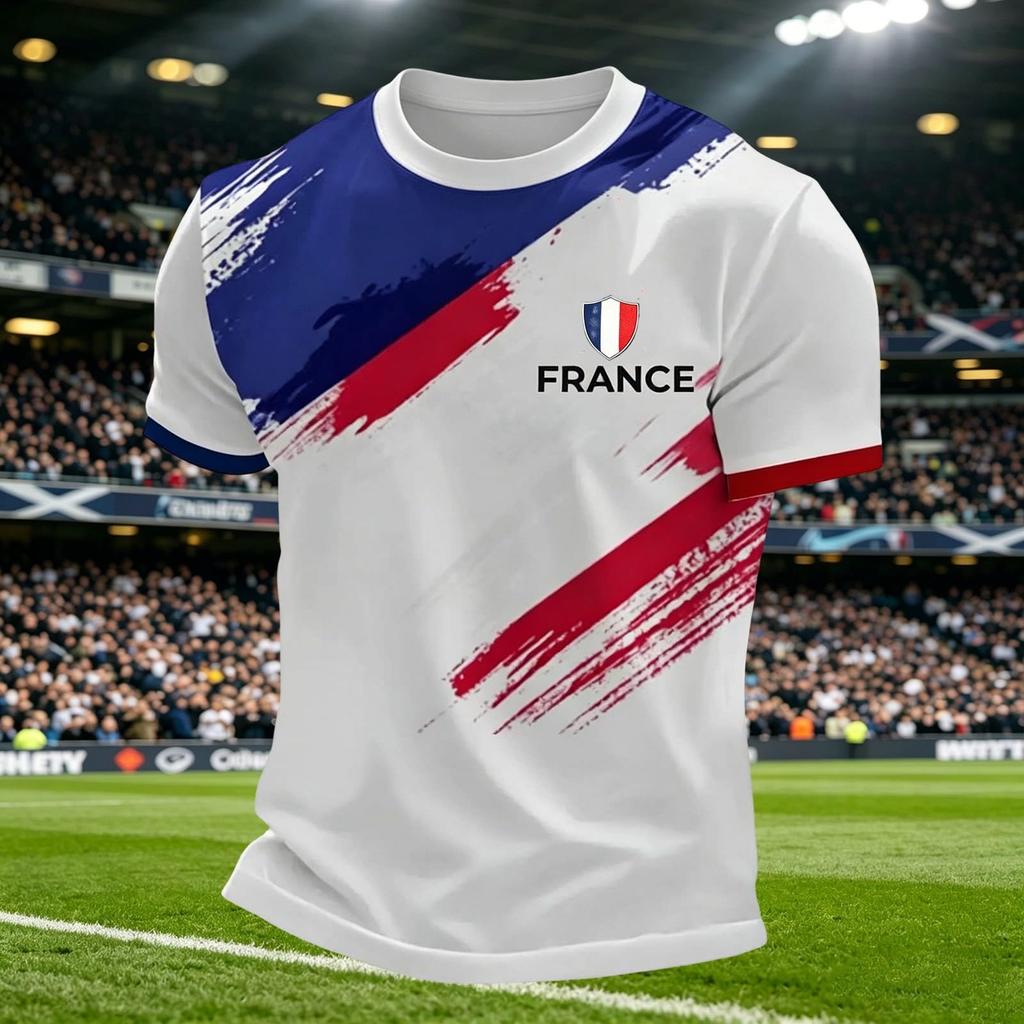 Men's Casual Crew Neck Short Sleeve Pullover T-Shirt Football Fan Graphic Print World Cup Supporter Top France Design