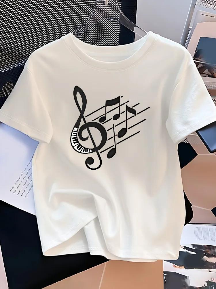 Womens Casual Music Note Print T-Shirt Crew Neck Short Sleeve Music Symbol Pattern Summer Versatile Design Clothing