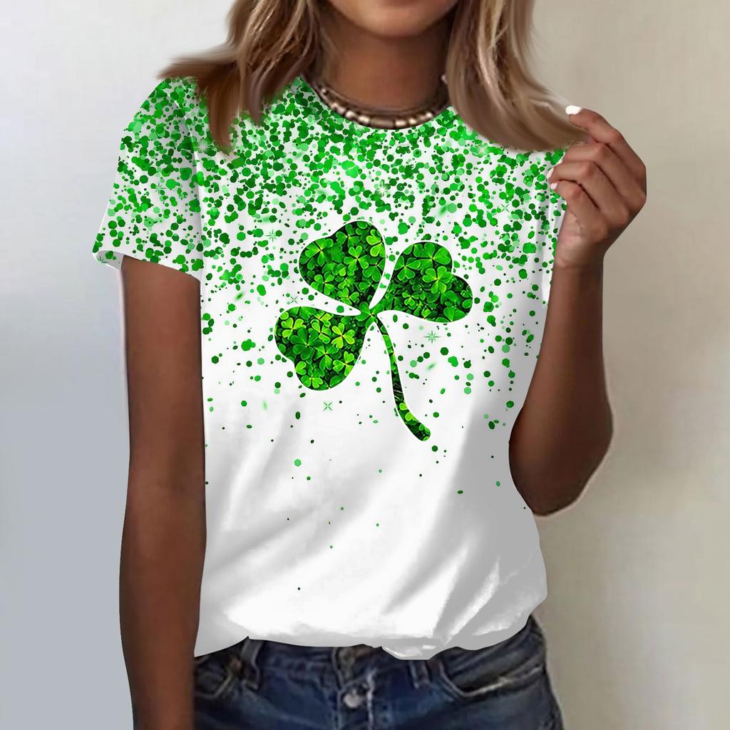 Women's  Casual Short Sleeve Shirts Fashion St Patrick's Print Tunic Tops With Pockets