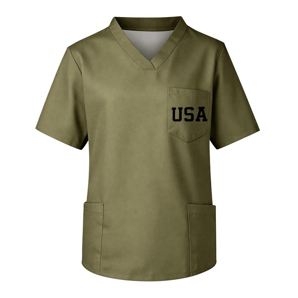 Men's Short Sleeve V Neck Work Shirt with Pocket Labor Day Print USA Healthcare Uniform Top for Caregivers and Medical Staff