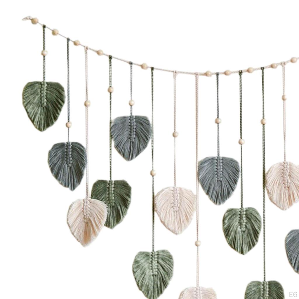 Bohemian Woven Tapestry Macrame Wall Hanging, with Photo Display Clips, Backdrop Art Decor Leaf