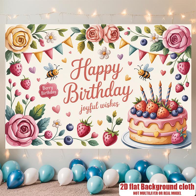 Floral Gifts Teacup Birthday Celebration Banner, Multicolor Polyester Backdrop for Party Decorations