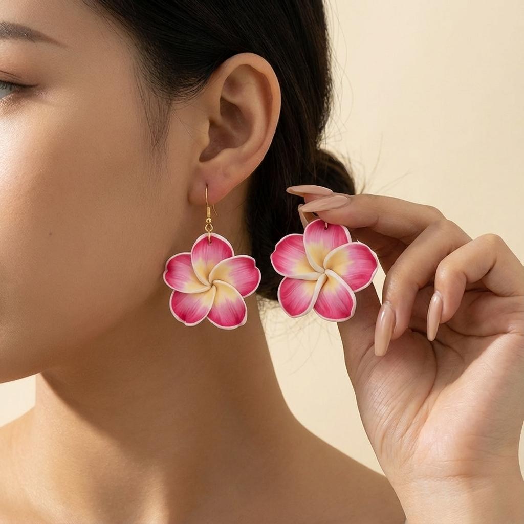 Boho Hawaiian Plumeria Earrings for Women White Pink Polymer Clay Flower Drop Dangle Earrings Summer Beach Vacation Jewelry Gift