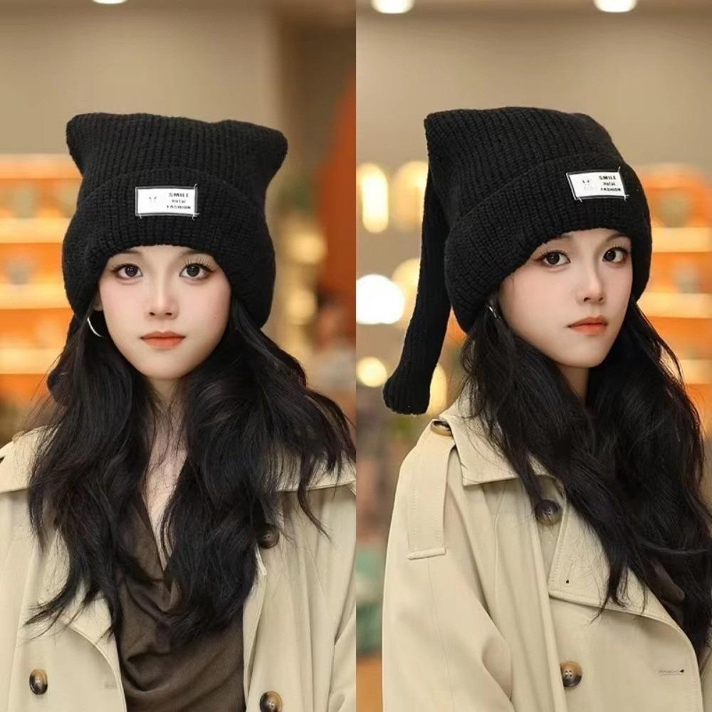 

Rabbit Ears Tide Hat Warm Ear Protection Cap Cute Knitted Wool Hat Men Women чорний