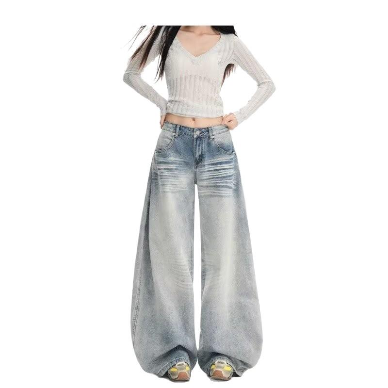 Blue washed scimitar jeans women's new pocket embroidery design three-dimensional cat whisker loose and thin wide-leg pants