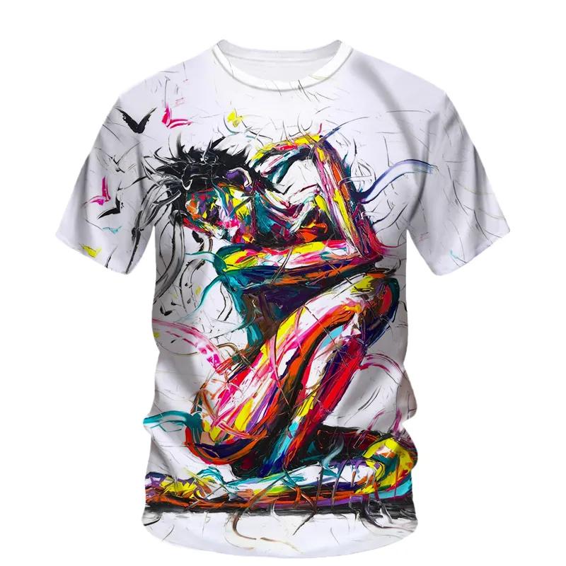 Sommar Ny Kreativ Graffiti Målning Konst Linje T-shirt Herr Mode Casual Hip Hop Harajuku 3D HD Tryckt O Krage Kort Ärm