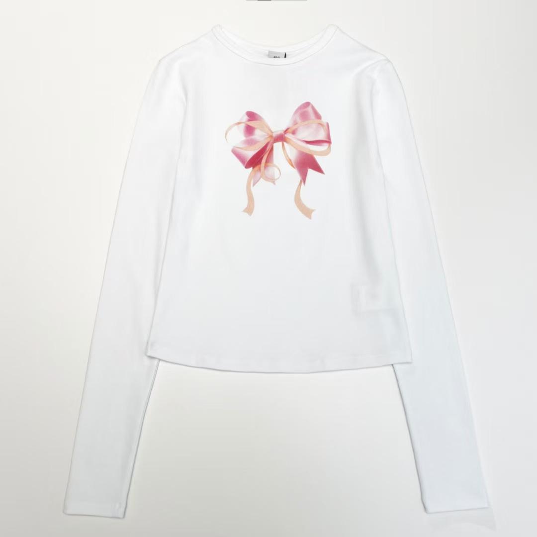 Korean Sweet Style Bowknot Round Neck Slim Pullover with Print One Size