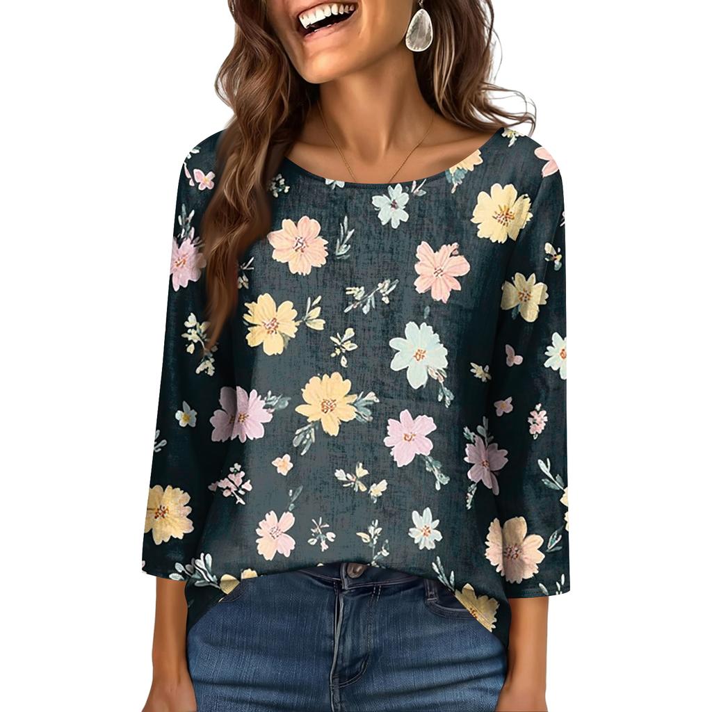 Women's Fashionable Casual Round Neck  3/4 Sleeve  Printed T-Shirt Top
