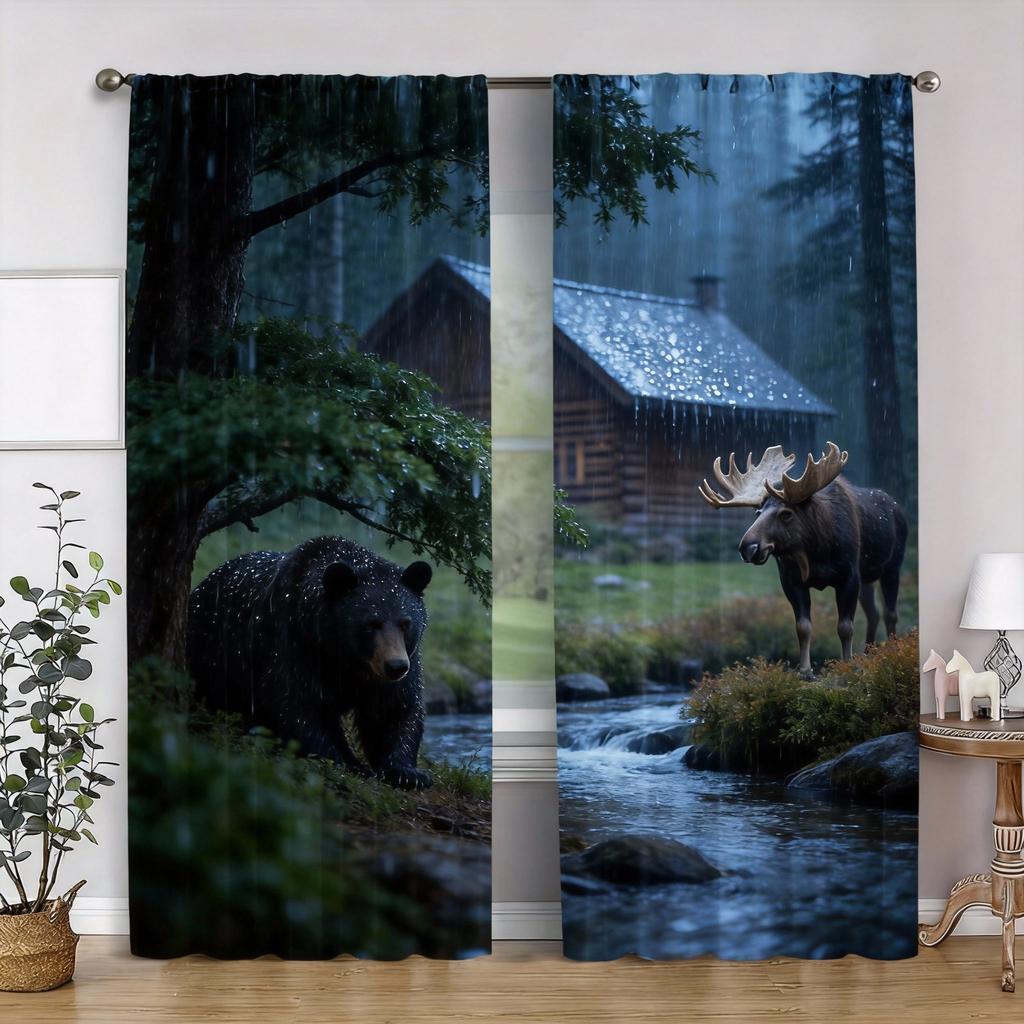 Wildlife Forest Curtains 2pcs – Black Bear & Moose in Autumn Woods, Rustic Cabin Scene for Bedroom and Living Room Decor
