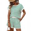 Damen gestreiftes Kurzarm-Oberteil und Shorts Set in 6 Farben