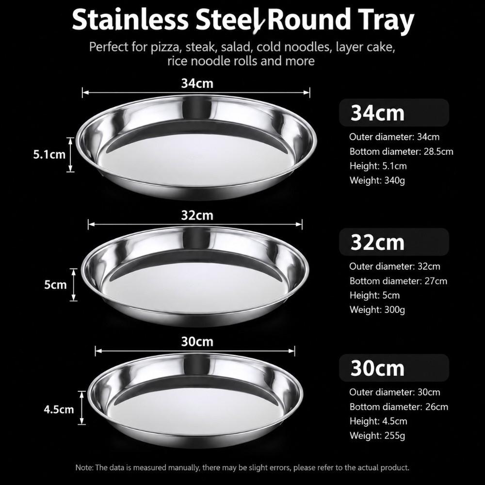 Rustproof Round Plate Shallow Tray Flat Stainless Steel Dining Dish Durable Food Container BBQ