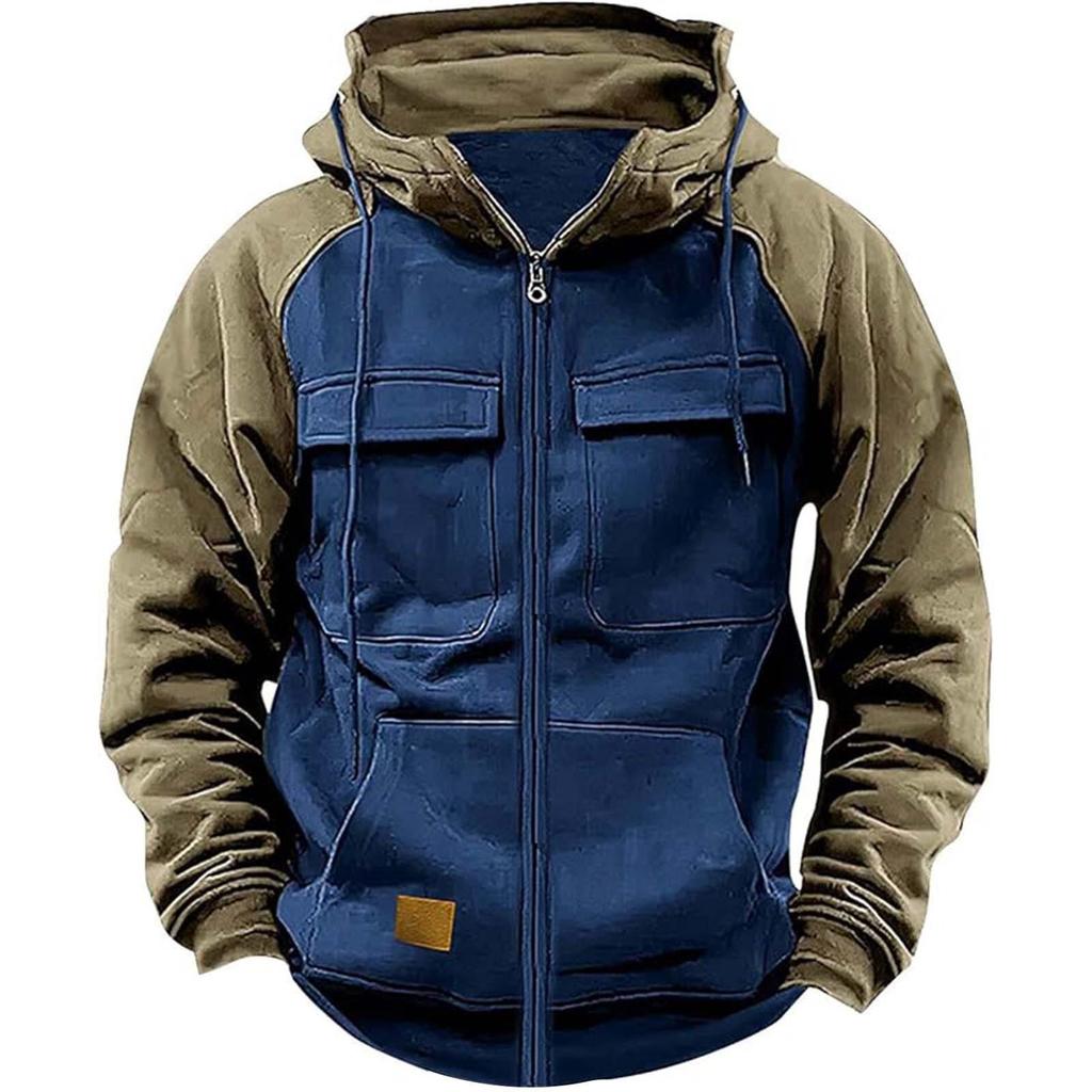Men's Hooded Multi-Pocket Patchwork Sweatshirt - European & American Style, Spring/Autumn, Solid Color, Youth Sport Workwear