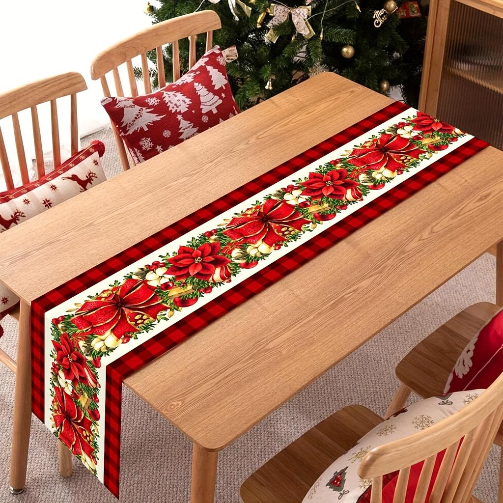 Christmas Poinsettia Flowers Linen Table Runner Holiday Party Decor Winter Xmas Kitchen Dining Table Runner Christmas Decoration