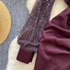 Chic French Style Evening Party Dress for Ladies V Neck Long Sleeves 3D Floral Mesh Sequins Satin Splice Senior Dresses