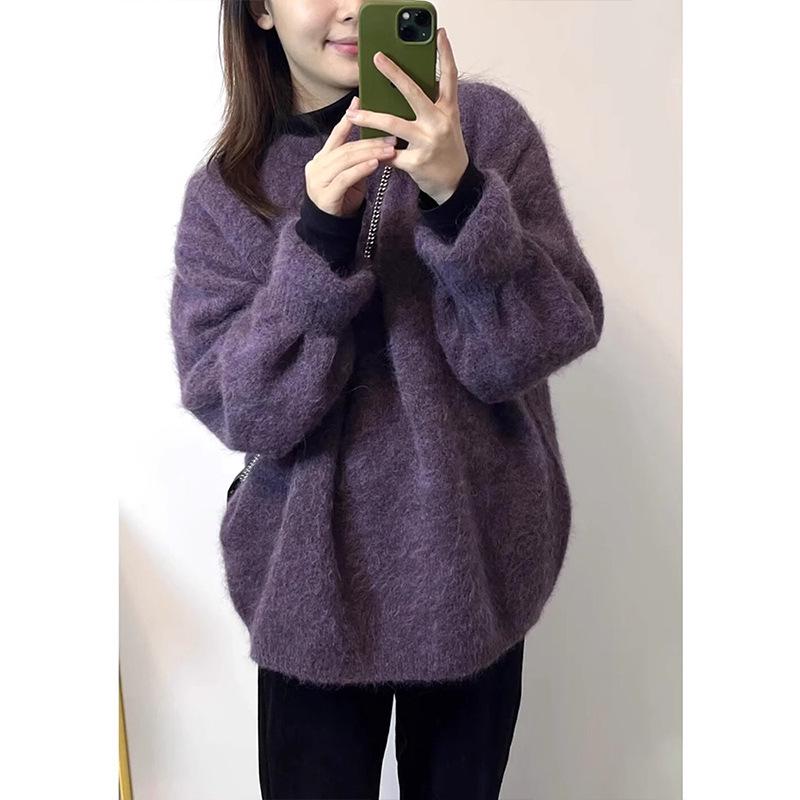 Women's Fashionable Purple French-Style Thick Round Neck Sweater: Soft, Loose, and Layered Knit Pullover