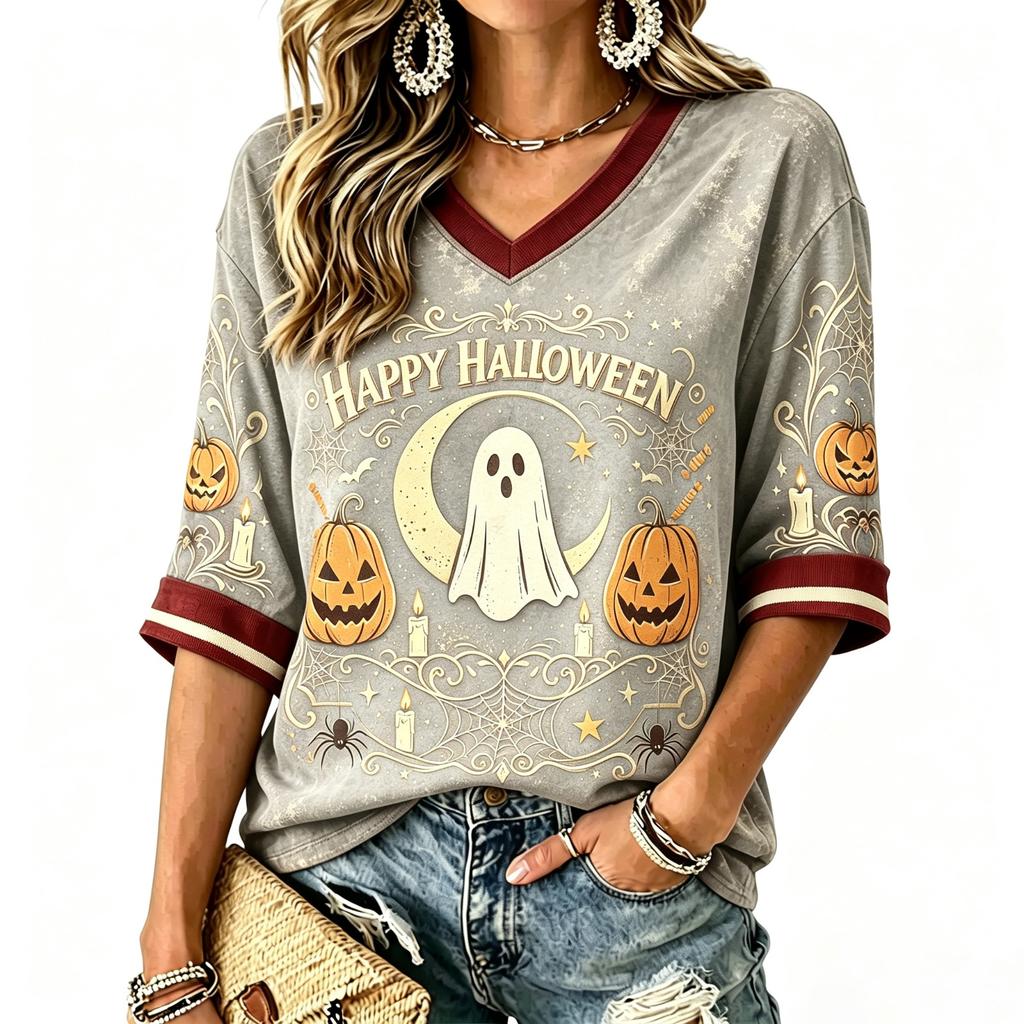 Women's Casual Halloween Print V-Neck T-Shirt for Holiday Party