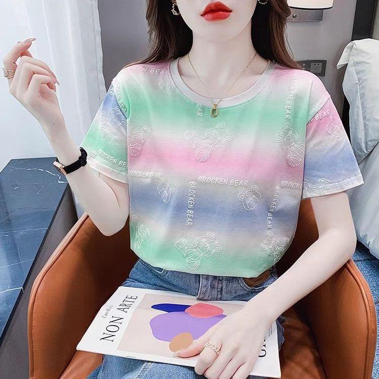 Rainbow Striped Tie-dye T-shirt Short-sleeved Summer New Korean Version of Versatile Casual Loose Round Neck Simple Top