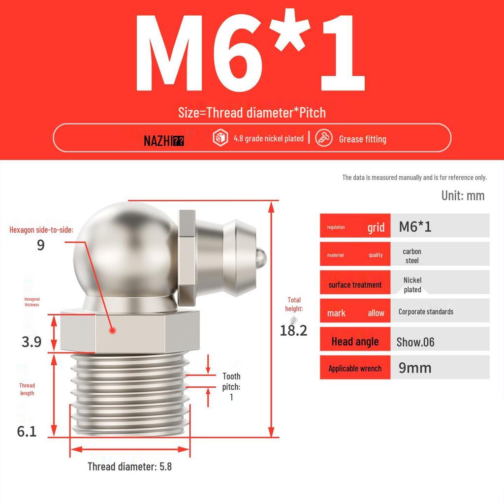 Nickel-Plated Iron Bent Grease Nipple Grease Gun Head M6-M14 G1/8