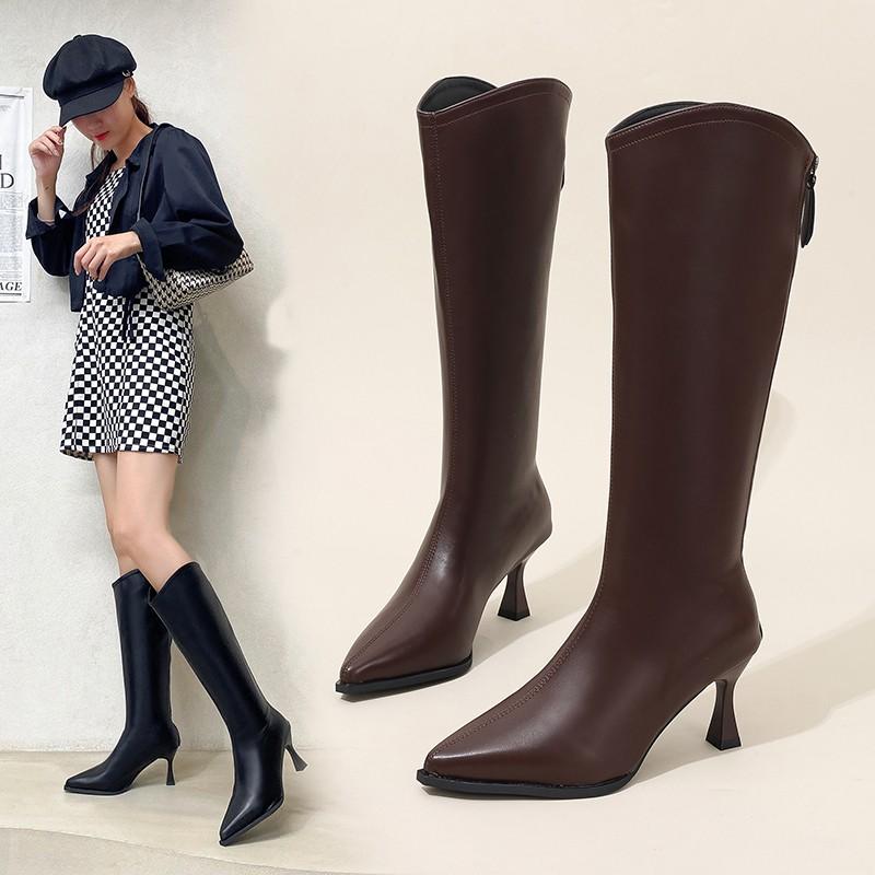 New Style Women Pointed Toe High Boots Sexy Leather High Heels Shoes Woman Trend Elegant Luxury Boots Pumps Stilettos Boots