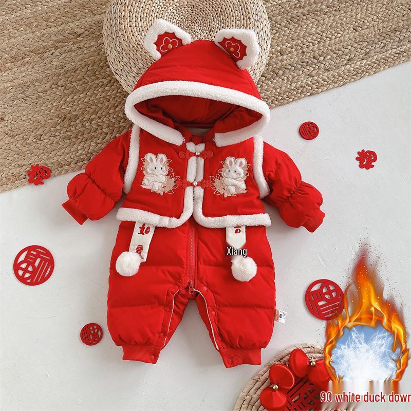 Chinese Style Red Winter Baby Jumpsuit: Thick Warm Festive Bodysuit for Boys & Girls 66 cm