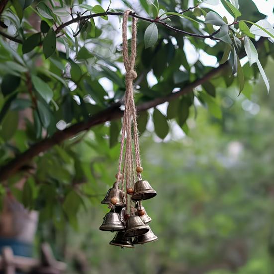 Vintage Bronze Bell Craft Bohemian Metal Pendant with Wooden Beads & Jute Rope, Retro Rustic Garden Chime Hanging Wind for Home Window Door