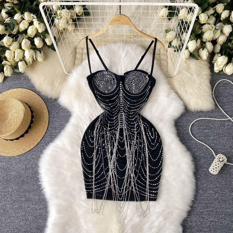 

European and American Sexy Night Club Style Hot Drilling Chain Tassel Suspender Performance Skirt Pure Desire Sexy Silm Slim Looking Dress Black L