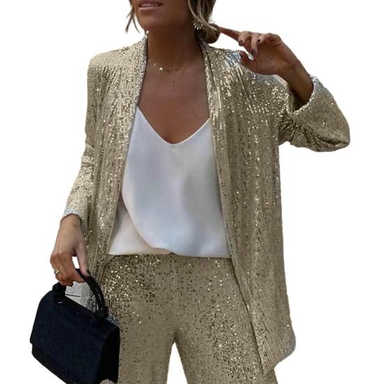 Women Pant Coat Shiny Sequin Formal Commute Style Solid Color Cardigan Long Seeve