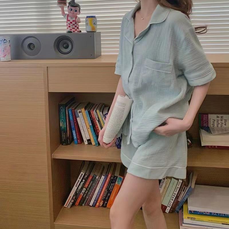 Women's Pajamas Sets Summer Sleepwear Cotton 2 Piece Solid Pyjama Short Sleeve Top Shorts Pijama Homewear Housewear