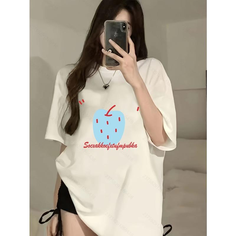 

Heavy 100% Pure Cartoon Printed Short-sleeved T-shirt for Female Casual Slim Korean Loose Round Neck Top for Women S белый