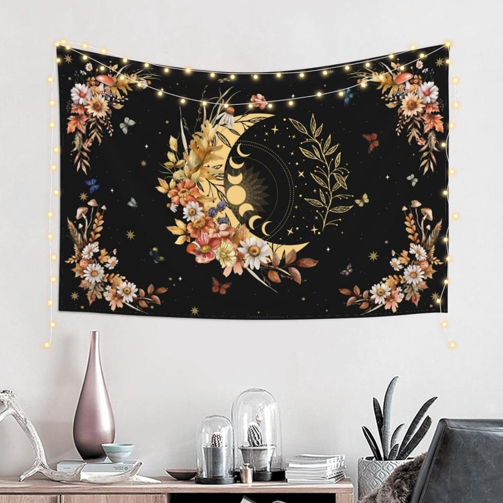 Floral Plants Sun And Moon Retro Botanical Flowers Butterfly Black Starry Sky Wall Tapestry Vintage Boho Aesthetic Tapestry Wall