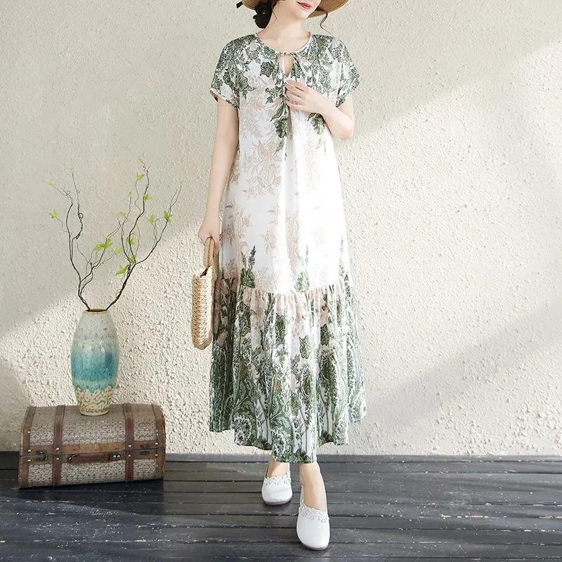Dress for Woman Cotton Summer Plus Size Loose Floral Vintage Casual Printed Soft Long Holiday Dresses