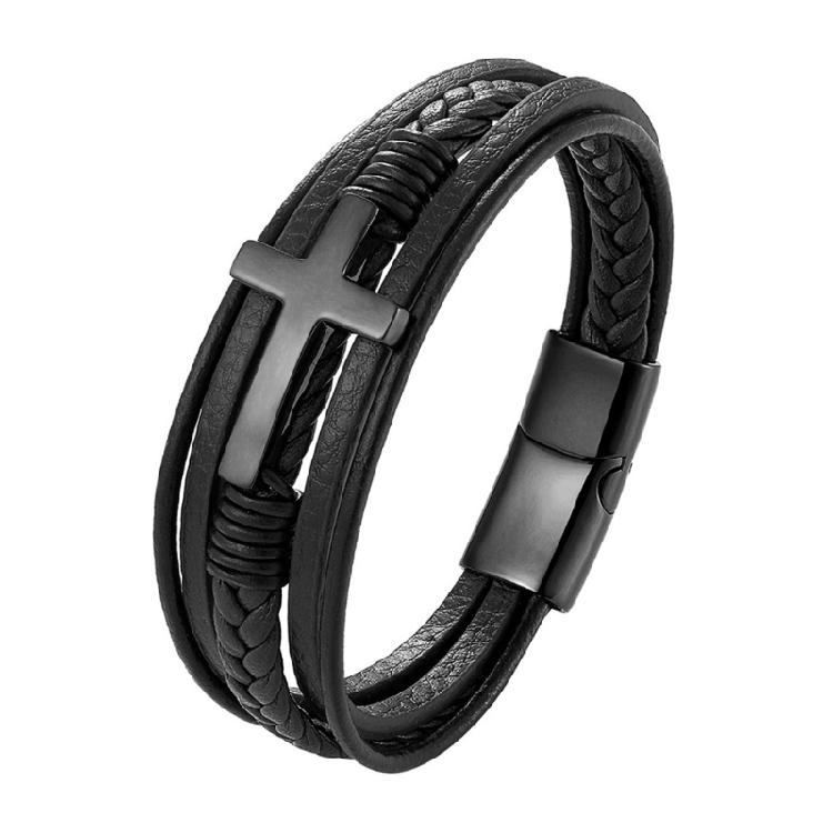 European American Stainless Steel Bracelet Men Crucifix Bracelet Leather Bangle