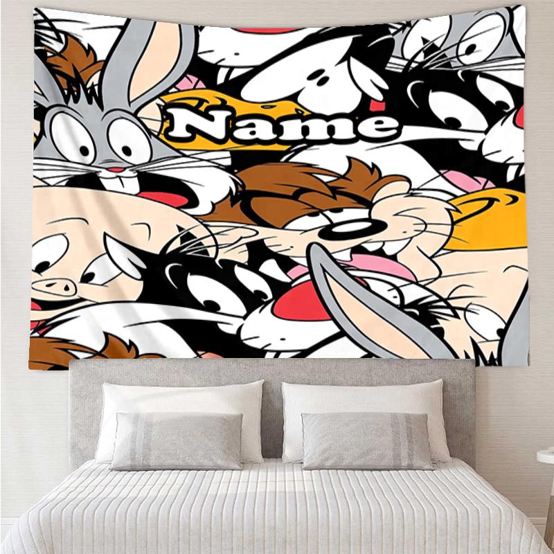 Custom Name Looney Tunes Print Tapestry, Backdrop, Easy Setup, Ideal for Bedroom, Office & Living Room, with Aesthetic Wall Hanging Decor.