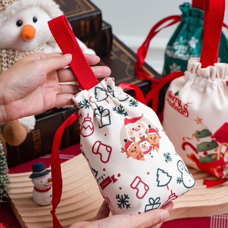 Christmas Canvas Storage Bag Drawstring Gift Bag Holiday Decorative Packaging Green White Plaid Floral