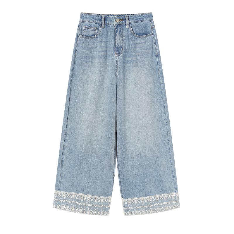 

Women s High-Waisted Lace-Trim Denim Wide-Leg Pants S